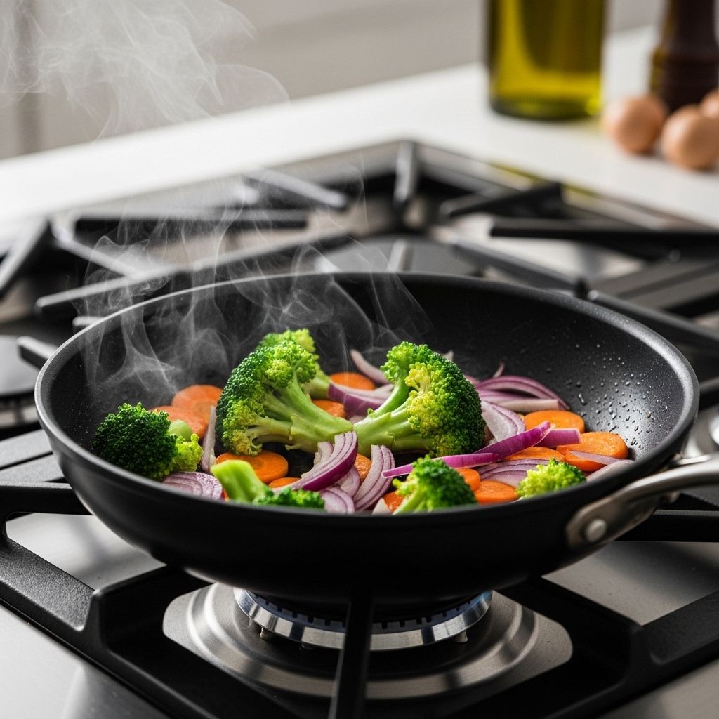 Tillagning av grönsaker i en stekpanna på spisen, med ångande broccoli, morötter och lök som tillagas skonsamt med olivolja