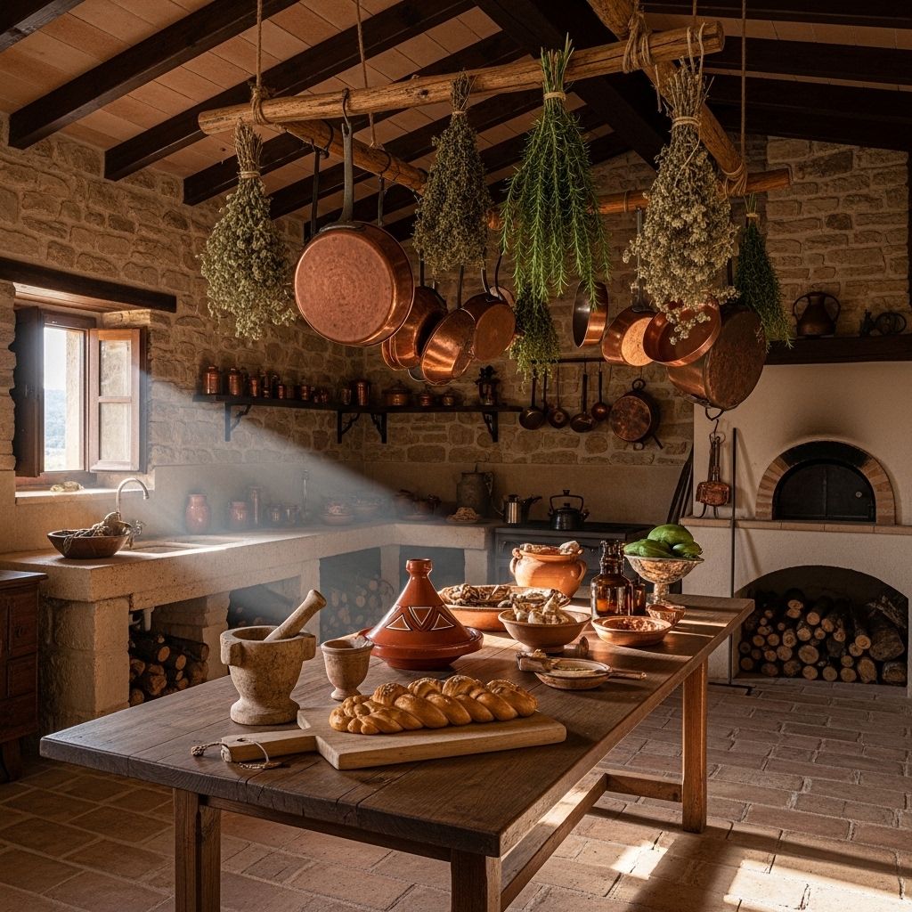 Rustikt kök med traditionella redskap, krukor och torkade örter hängande från taket, som illustrerar historiska matlagningsmetoder i ett medelhavshus