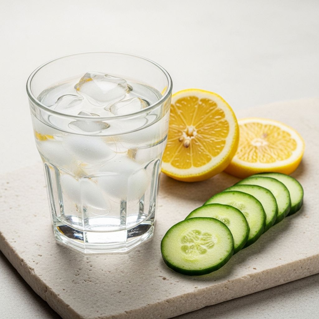 Klart glas fyllt med friskt vatten med iskuber, bredvid skivor av citron och gurka på en ljus stenyta